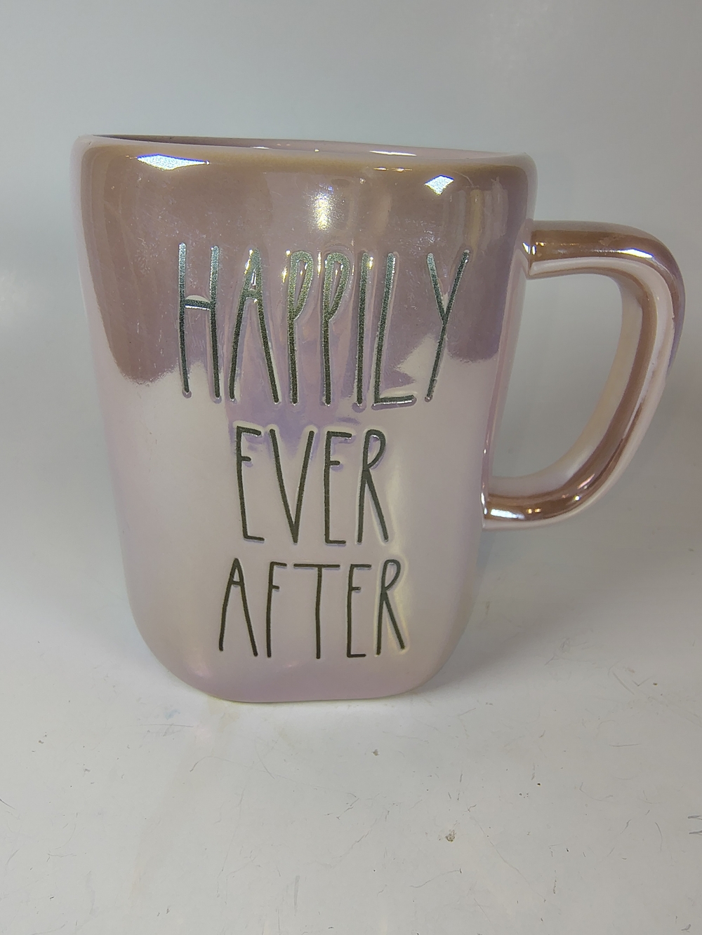 Rae Dunn HAPPILY EVER AFTER Mug Pearlescent Pink Wedding Collectible Retired